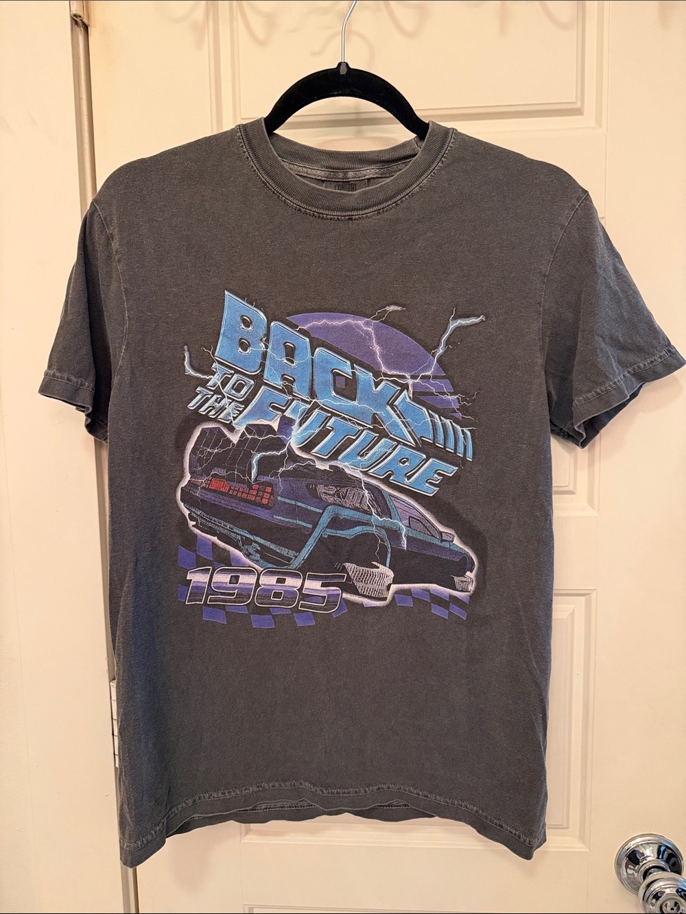 Comfort Colors Back to the Future Graphic Tee - Grey with Blue & Purple Print S